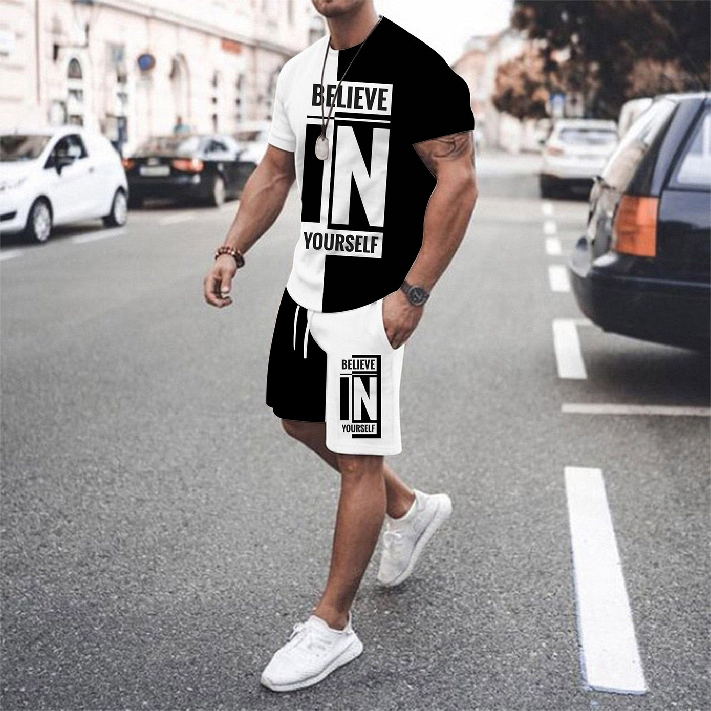 Men's Tracksuits Summer Cool Believes in His Men's Short Sleeve Tshirts Shorts Set Beach Track and Field Suit 2 Piece Set Casual Breathable 