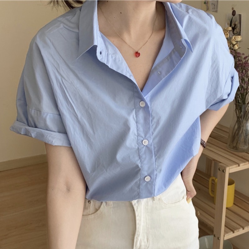 Women's Blouses Shirts Summer Top All Match Solid Shirt Short Sleeve Turn Down Collar Blouse Women Z032 230424