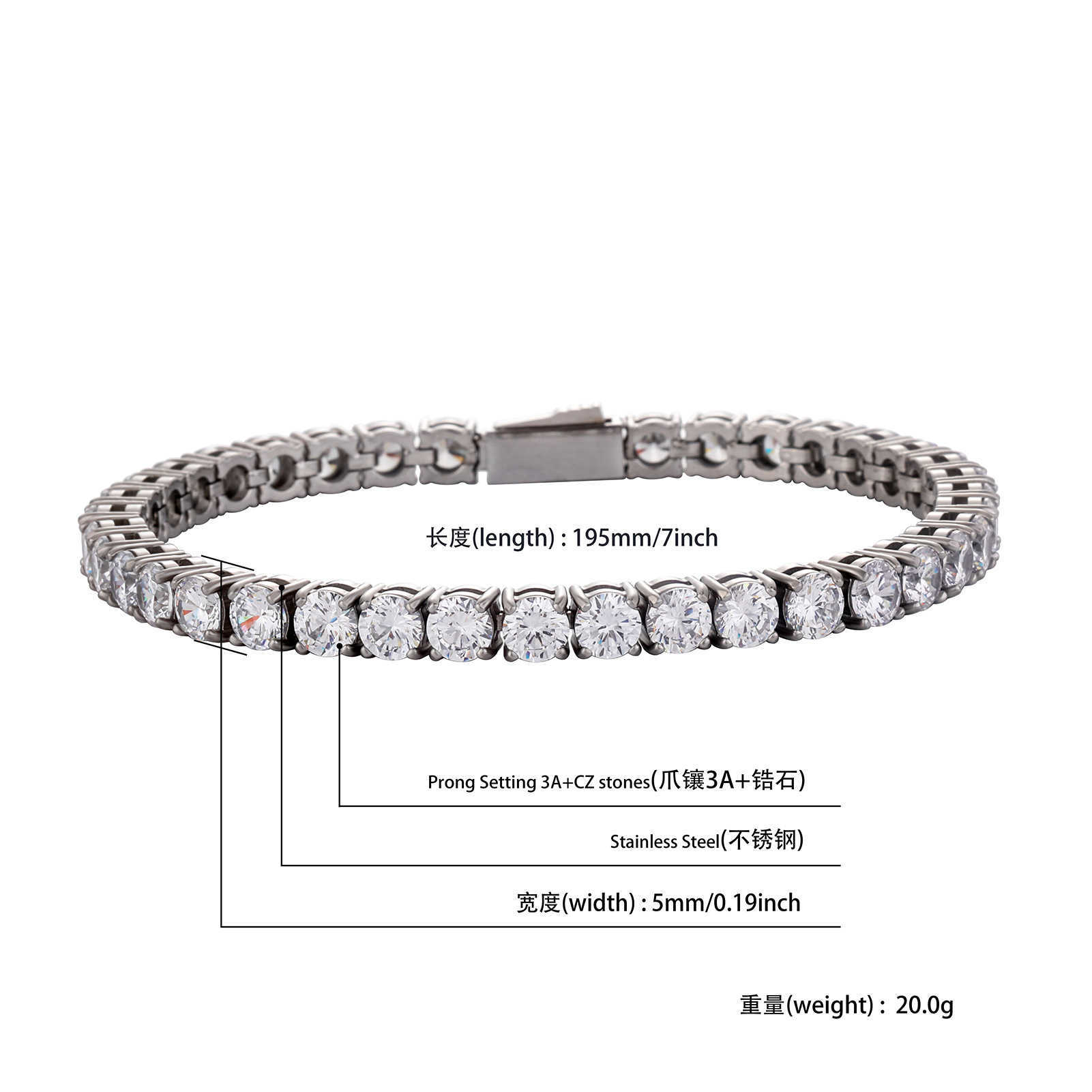 4-5MM 3A Cubic Zircon Stainless Steel Tennis Bracelet Full Iced Out Hip Hop Mens And Womens Crystal Wristband Hand Wrist Jewelry Rapper Bijoux Gift Fo