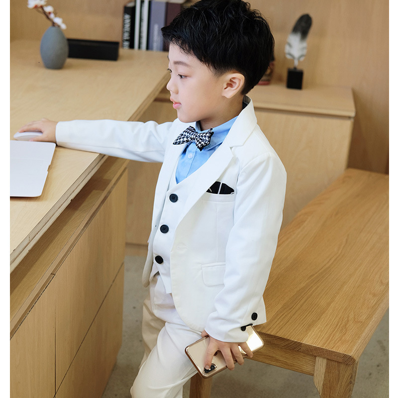 Suits Children Formal White Dress Suit Set Flower Boys Wedding Party Performance Costume Kids Blazer Vest Pants Shirt Tie Clothes 230424