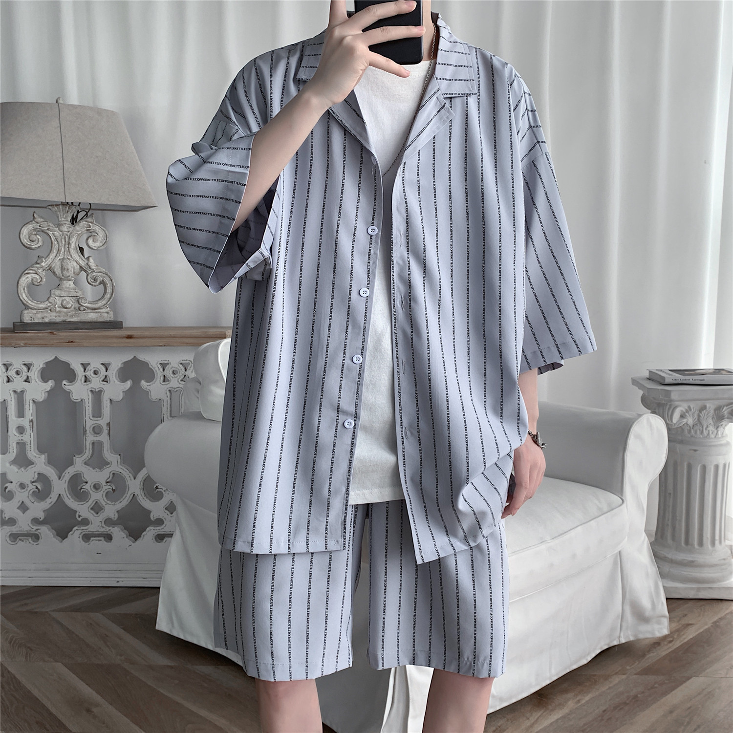 Men's Tracksuits Summer men's shorts set paired with shirt letter stripe lightweight sportswear men's short sleeved elastic waist overs