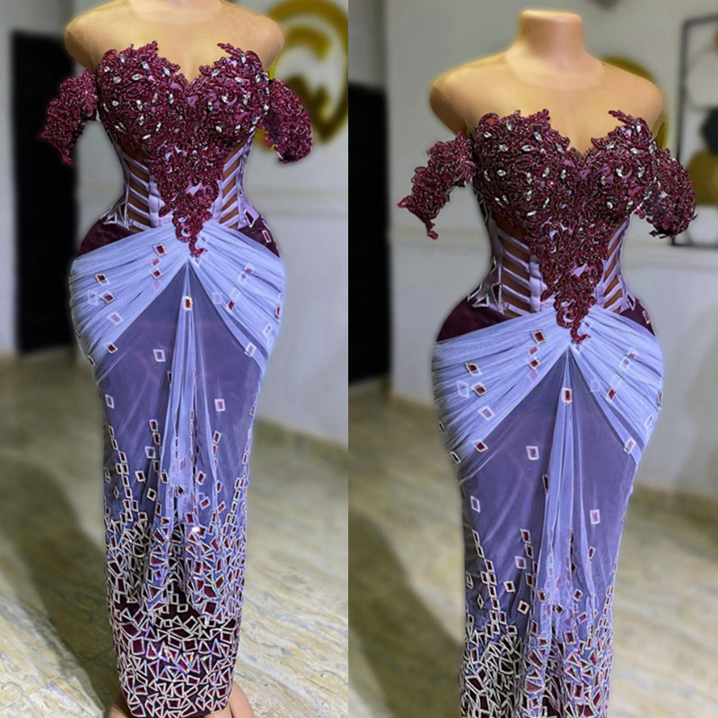 2023 Purple Aso Ebi Prom Dresses Mermaid Beaded Evening Birthday Party Second Reception Arabic Formal Dress African Women Nigeria Engagement Gowns ST2