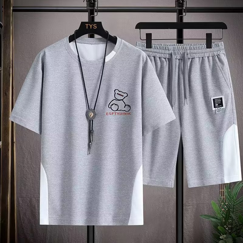Men's Tracksuits Korean Waffle Men's Short Suit Summer Trend Funny Bear White Suit Casual Men Clothing Crew Neck T-shirt Shorts Two-piece Se