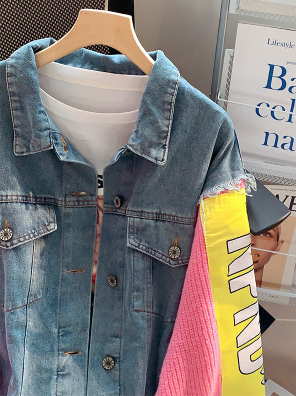 Women s Jackets Pink Knitted Stitching Denim Jacket Trendy Chic Autumn Winter Korean Version Loose Lazy Wind Casual Jean Outwear Female 230424