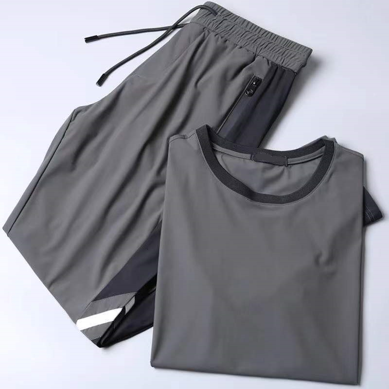 Men's Tracksuits Men's Cold Thin Short Sleeve T-shirtTwo Piece Solid ShirtTrouser Family Set Men's Size M-5XL 956 230424