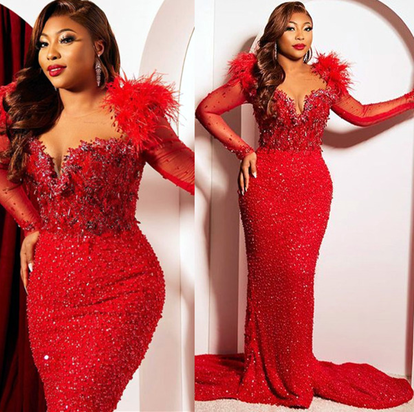 April Aso Ebi Mermaid Red Prom Beaded Feather Sexy Evening Formal Party Second Reception Birthday Engagement Gowns Dress ZJ Lz0304