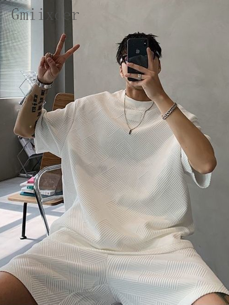 Men's Tracksuits Gmiixder Summer Casual Short-sleeved Suit Men Textured T-shirt Simple Shorts Two-piece Suit Unisex Hip Hop Tracksuit 230424