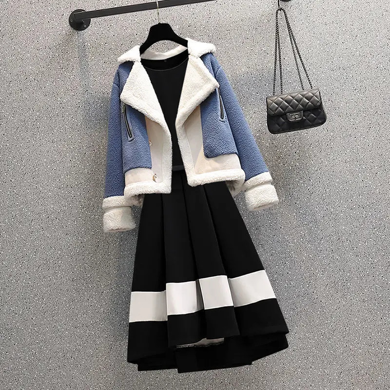 Two Piece Dress Korean Winter High end Cashmere Jacket Coat Splicing Long Sleeve Two piece Elegant Women s Dresses Suit 231123