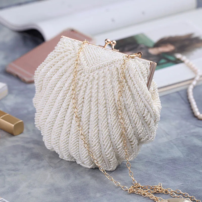 Evening Bags Elegant Pearl Beading White Shell Pochette Women Wedding Purse And Handbag Lady Embroidery Mariage Banquet Clutch Bag 231123