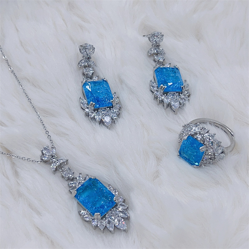 Valuable Lab Aquamarine Diamond Jewelry set 925 Sterling Silver Engagement Wedding Rings Earrings Necklace For Women Jewelry