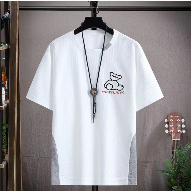 Men's Tracksuits Korean Waffle Men's Short Suit Summer Trend Funny Bear White Suit Casual Men Clothing Crew Neck T-shirt Shorts Two-piece Se