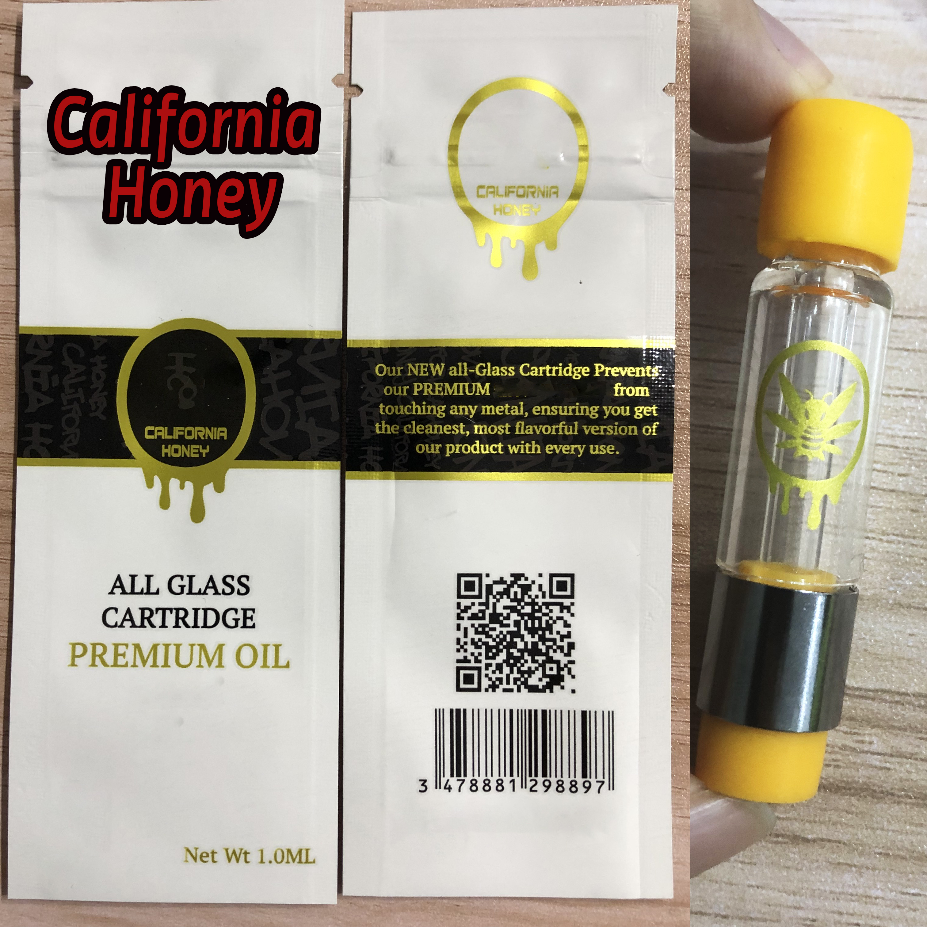 USA Stock California Honey All Glass Vape Cartridges 510 Thread Ceramic Coil Empty 1.0ml Vaporizer Tank with 10 Strains Packaging Bag