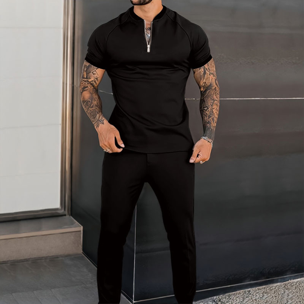 Men's Tracksuits Mens Jogger Outfits 2PCS Tracksuit Set Short Sleeve Knitted T Shirts Pants Sweatsuit Daily Clothing S-3XL For 230424