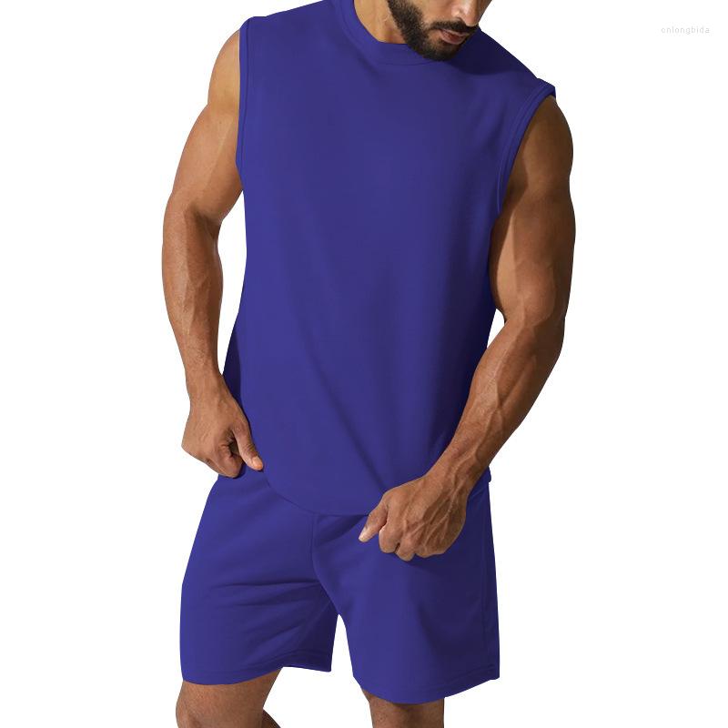 Men's Tracksuits 2023 Summer Sleeveless Sports Suit Casual Thin Coat Solid Color Vest Two-piece Round Neck T-shirt Loose Version