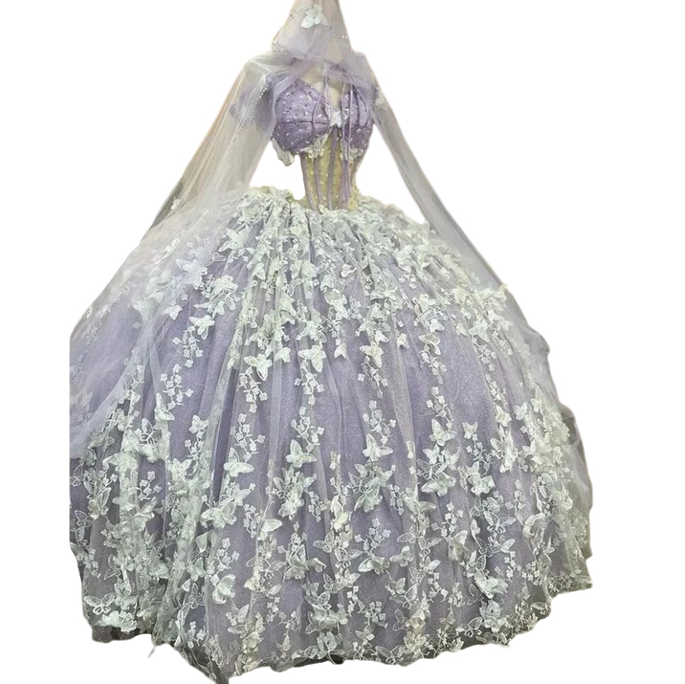 Glittering Lavender lilac Quinceanera Dresses With Cloak Butterfly Lace-up corset Vestidos De 15 Anos Birthday Prom Party Gowns