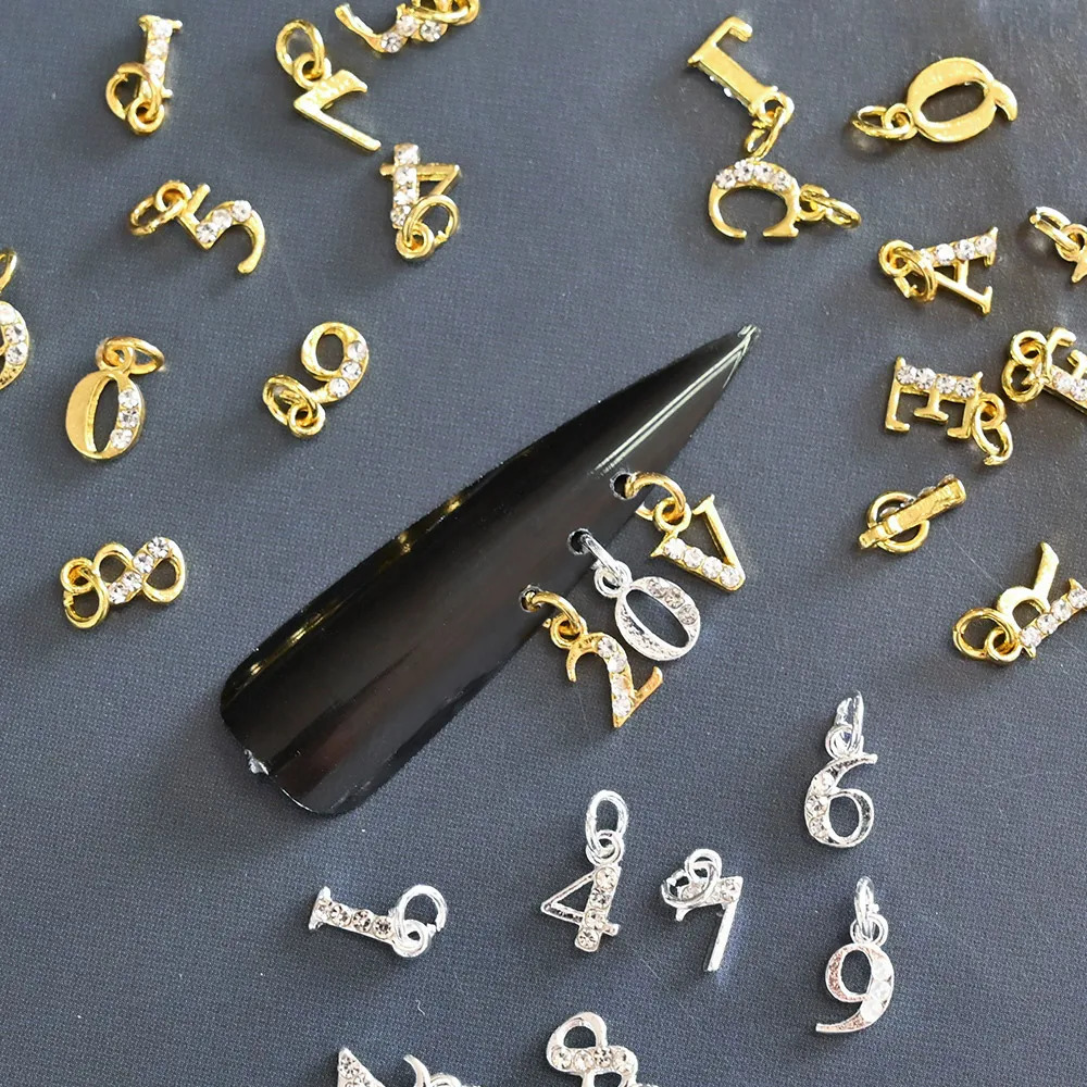 Nail Art Decorations 10 26Pcs Pierced Hoop Alphabet 3D Charms 0 9 A Z Dangle Letter Gold Silver Number Manicure Pendant 231123