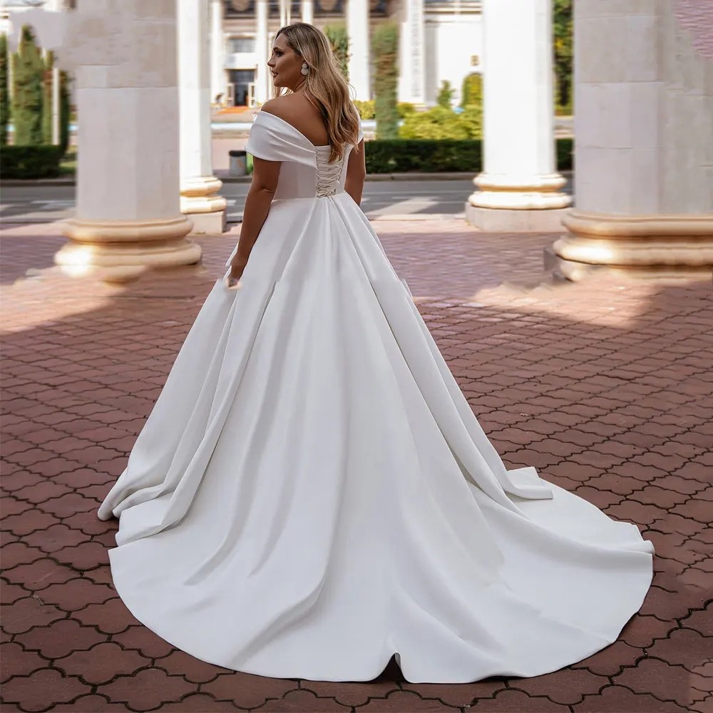 Plus Size Satin Wedding Dress Long Sleeves 2024 Vestido De Noiva Lace Up Elegant V-Neck Off Shoulder A-line Bridal Gowns Custom Made