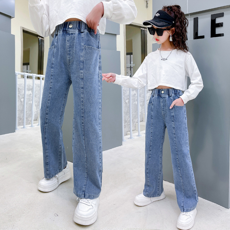 Jeans Teen Girls Jeans High Waisted Wide Leg Pants Springs Children's Loose Straight Blue Denim Pants Casual Style Trousers Clothes 230424