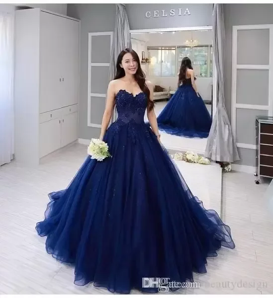 Strapless Prom Quinceanera Dress Vintage Navy Blue Lace Applique Ball Gown Formal Sweet 15 Party Dresses Custom Made 6660305