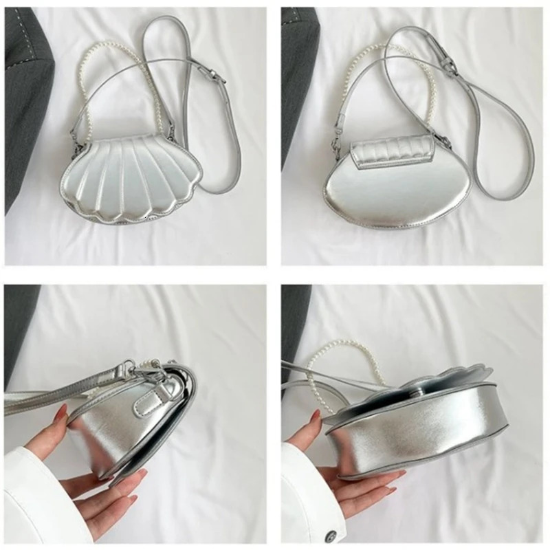 Evening Bags Women Shell Shape Crossbody Bag Pearl Chain Handbag Purse Lady Girls PU Leather Flap Shoulder Casual Solid Color Daily Wear 231123
