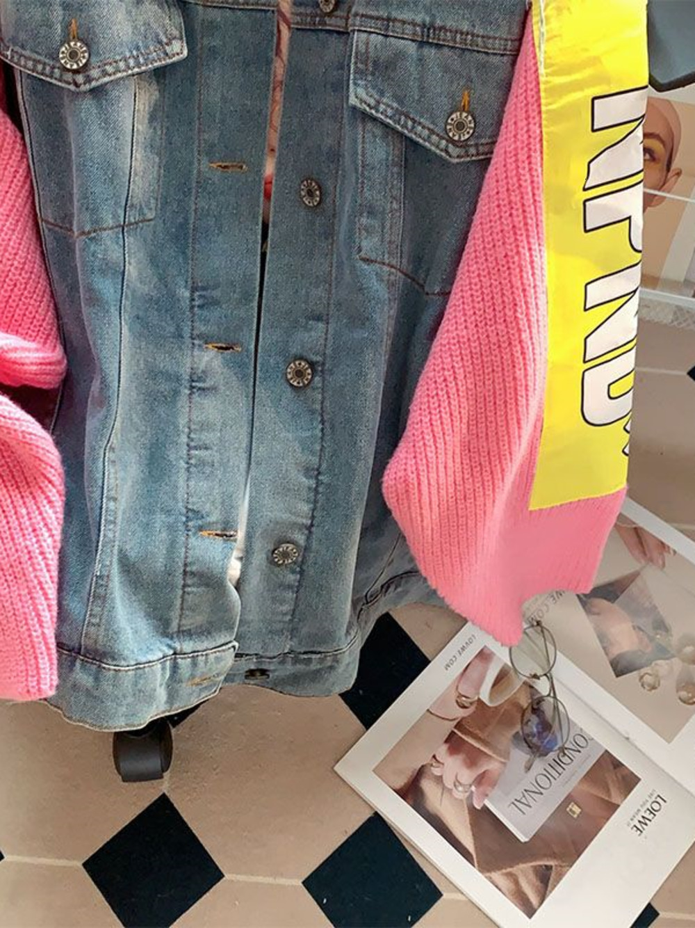 Women s Jackets Pink Knitted Stitching Denim Jacket Trendy Chic Autumn Winter Korean Version Loose Lazy Wind Casual Jean Outwear Female 230424