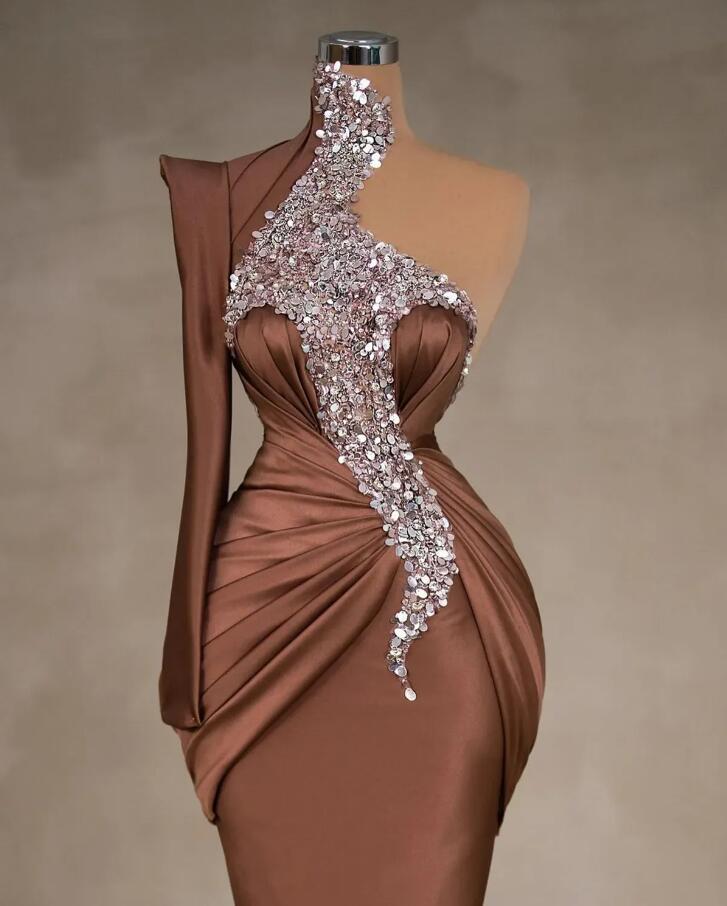 Sexy One Shoulder Mermaid Prom Dresses For Black Girl 2024 Sparkly Beaded Brown Satin Plus Size Evening Occasion Gown Vestidos De Novia