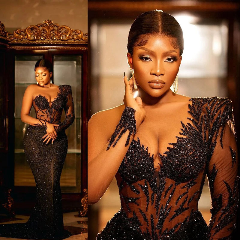 2023 Aso Ebi Black Prom Long Sleeves V-Neck Sequined Beaded Evening Birthday Party Second Reception African Arabic Formal Dress Engagement Gowns ST252