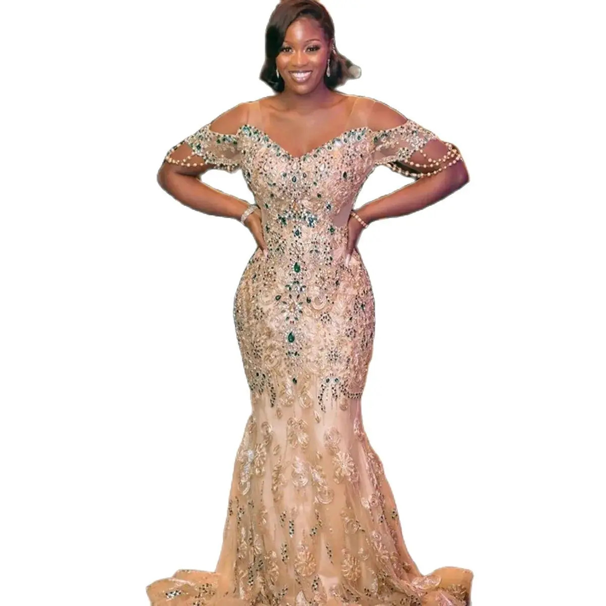 Aso Ebi Lace Mermaid Reflective Prom DressesArabic Major Beaded Crystals Prom Dresses Sexy Evening Second Reception Gown