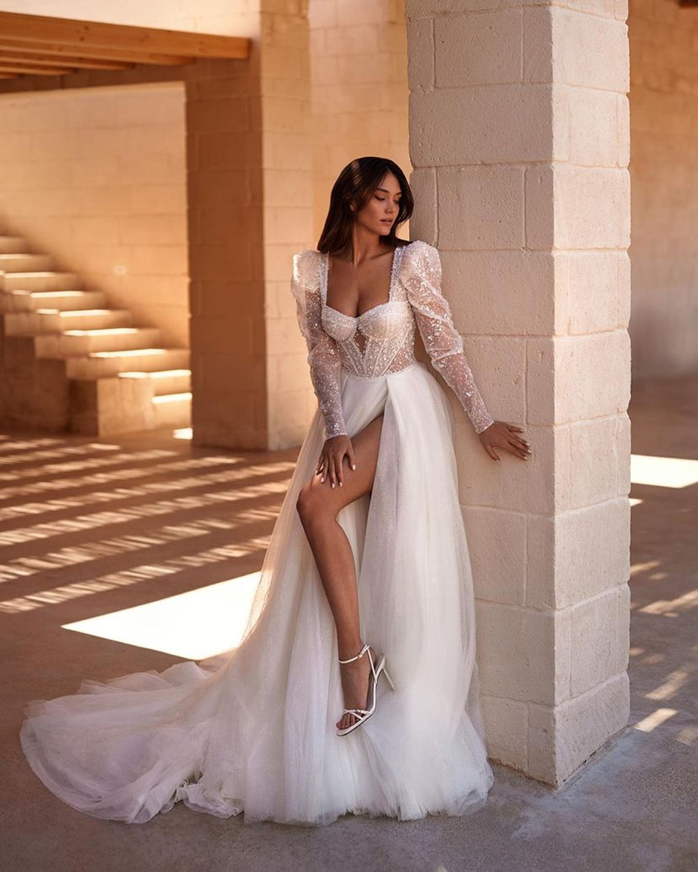 Glitter Wedding Dresses Long Sleeves Sweetheart Long Sleeve Bride Reception Dress Sweetheart Side Split Tulle Vestidos De Novia
