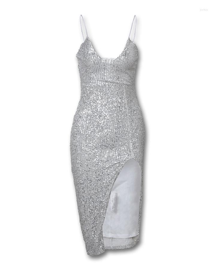 Casual Dresses Womens Crisscross Backless High Slit Sequins Dress V-Neck Spaghetti Strap Mid-Calf Skinny Party Wedding Guest