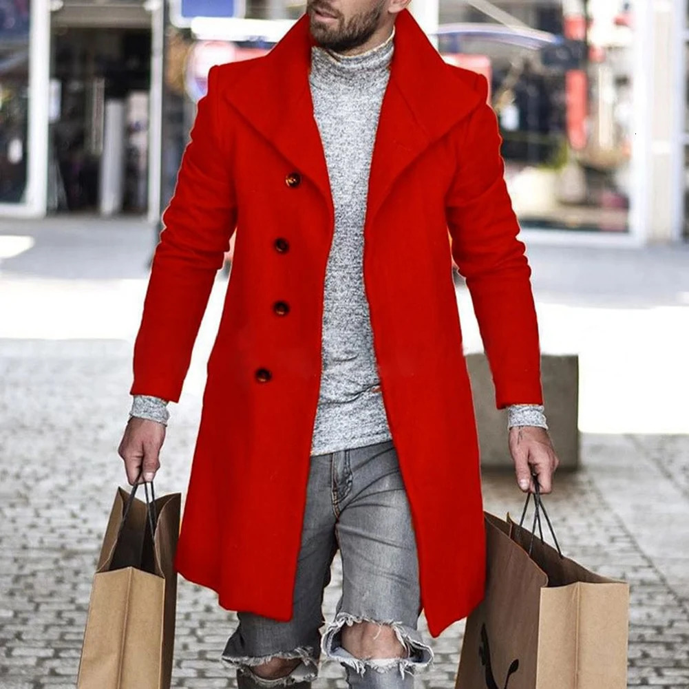 Men's Wool Blends Men's Casual Trench Solid Color Outwear Woolen Cloth Great Coats Winter Middle Length Overcoat Jackets Men Clothing 231123