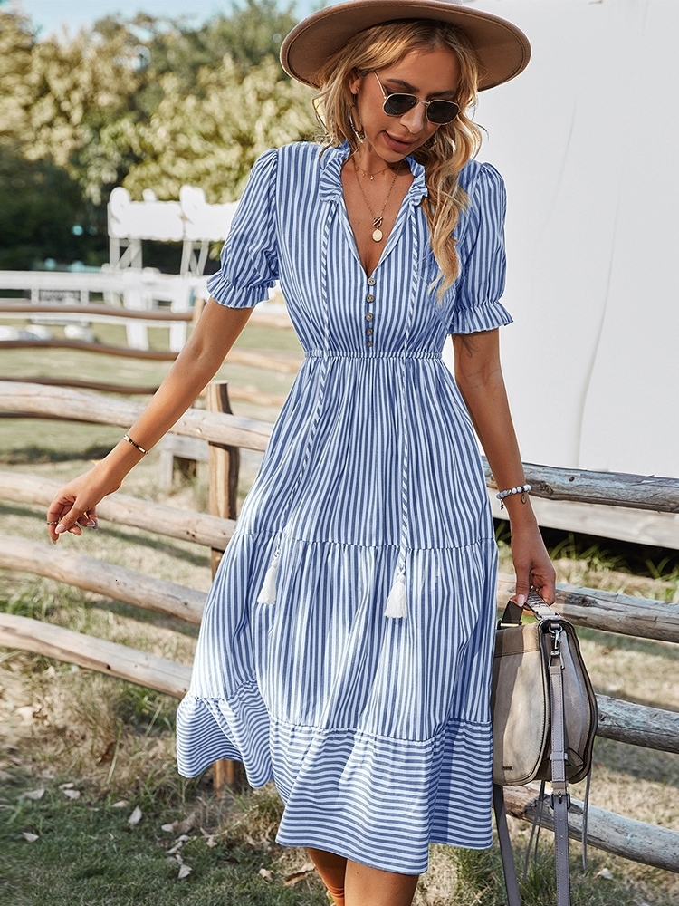 Casual Dresses Msfilia Spring Women's Striped Dress Causal Short Sleeve Tassel Medium Long Summer V Neck Button Dresses For Female 230424