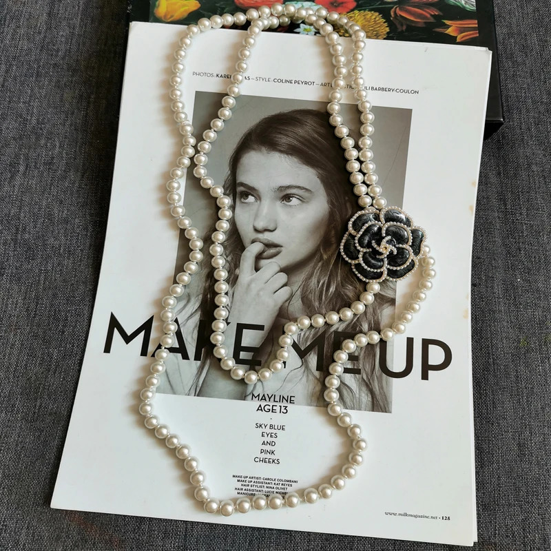 Chokers Korean Sweater Chain Layered Pearl Necklace Pendant For Women Carmellia Flower Jewelry 231124