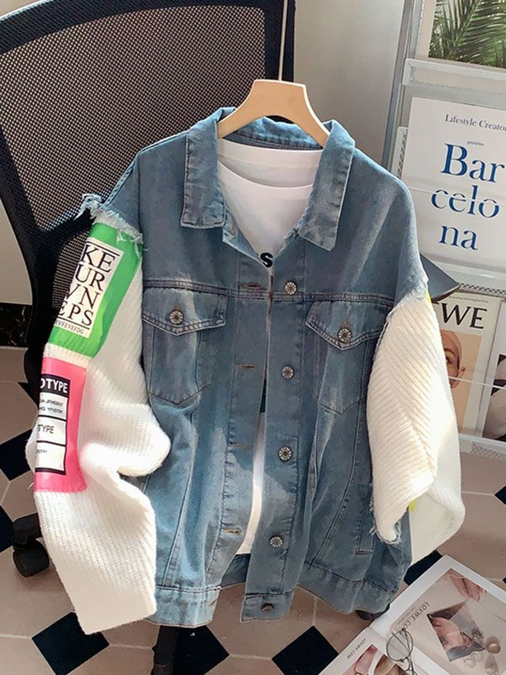 Women s Jackets Pink Knitted Stitching Denim Jacket Trendy Chic Autumn Winter Korean Version Loose Lazy Wind Casual Jean Outwear Female 230424