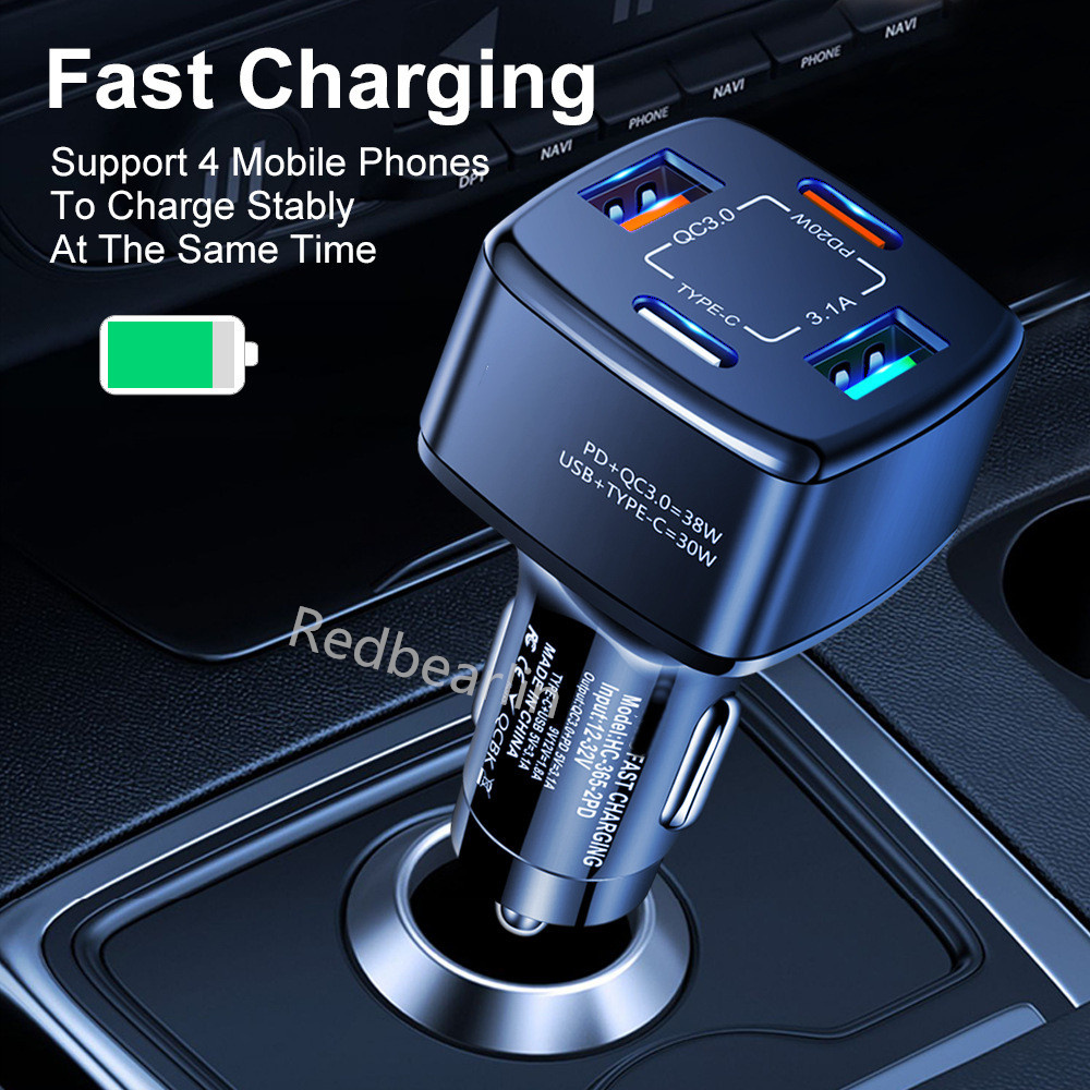 38W Fast Quick Charging PD Car Chargers 4Ports USB-C QC3.0 Car charger Power Adapters For iPhone 13 14 Pro max Samsung Huawei lg android phone with bo