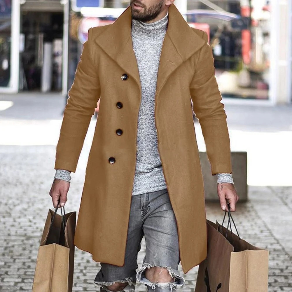 Men's Wool Blends Men's Casual Trench Solid Color Outwear Woolen Cloth Great Coats Winter Middle Length Overcoat Jackets Men Clothing 231123