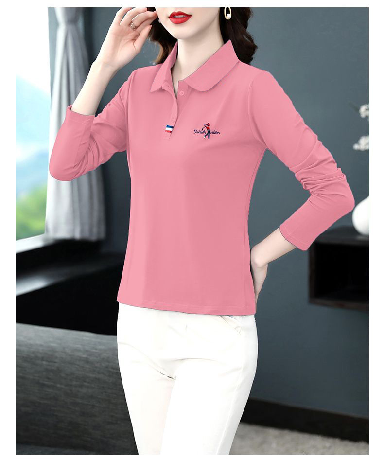 T-shirt women 2023 long sleeve large lapel polo shirt Spring and autumn embroidered bottomed T-shirt