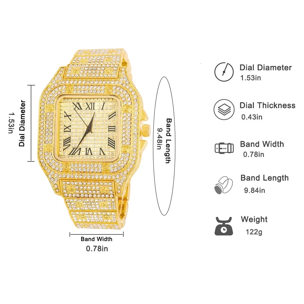 Chokers Gold Color Watch Hip Hop Miami Curb Cuban Chain Iced Out Paved Rhinestones Bling Rapper NecklaceWatchBracelet Jewelry For Men 231124