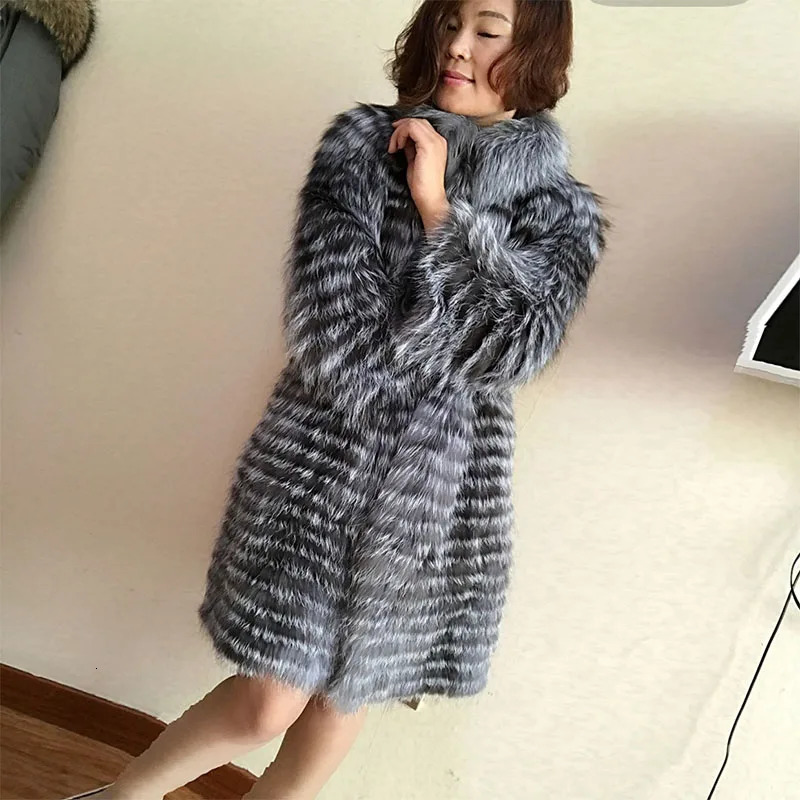 Women's Fur Faux Fur pure natural silver fox hair ladies coat winter women's warm long-sleeved shirt round neck coat 231123