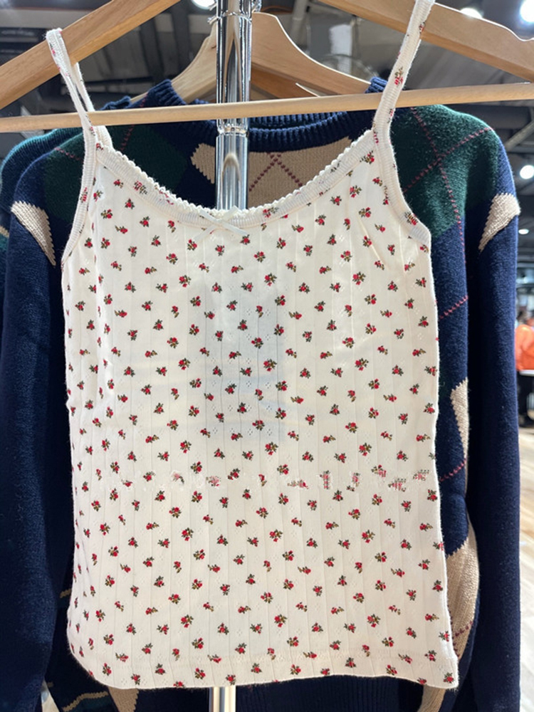 Women's Tanks Camis Sweet Floral Print Bow Tank Top Summer Casual Cute Lace Trim Soft Cotton Cropped Vintage Chic Slim Crop Female 230422Z