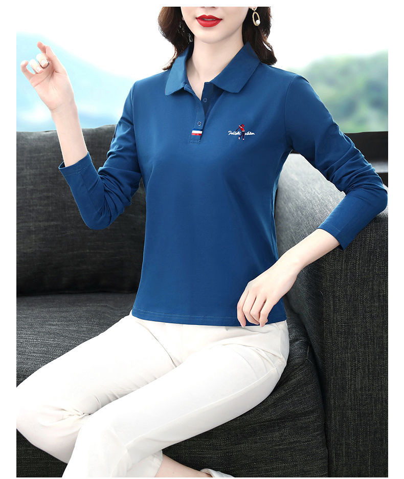 T-shirt women 2023 long sleeve large lapel polo shirt Spring and autumn embroidered bottomed T-shirt