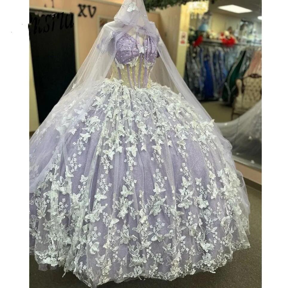 Glittering Lavender lilac Quinceanera Dresses With Cloak Butterfly Lace-up corset Vestidos De 15 Anos Birthday Prom Party Gowns