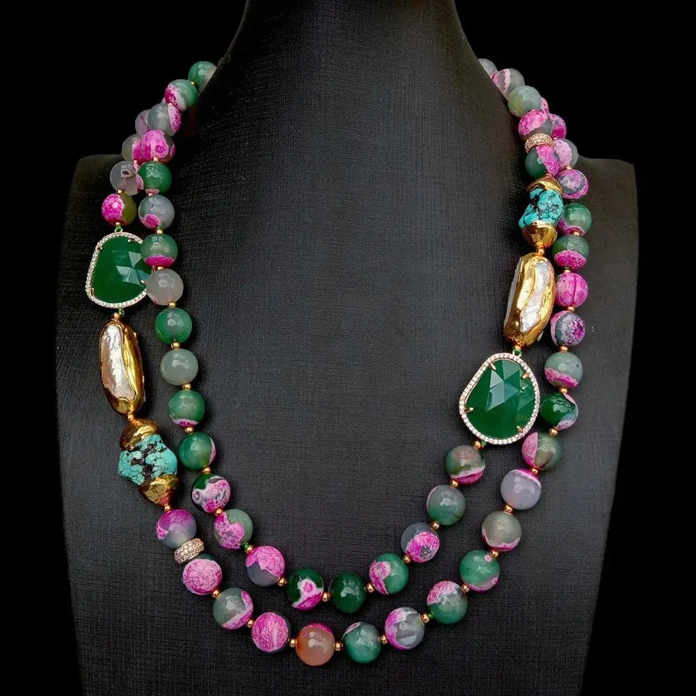 Beaded Necklaces KKGEM 21"-23" 2Strands 12mm fuchsia Green Faceted Agate White Biwa Pearl Crystal Turquoise choker Necklace 231124