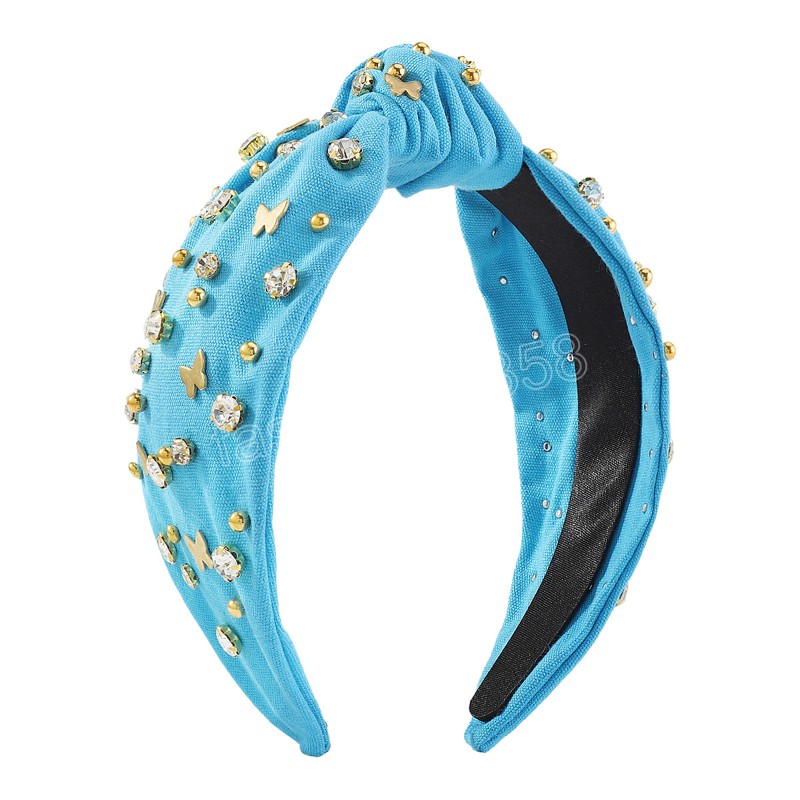 Women Girls Metal Beads Rhinestone Knot Hairband Butterfly Wide-brimmed Headband Women Hair Accessories Hair Hoop