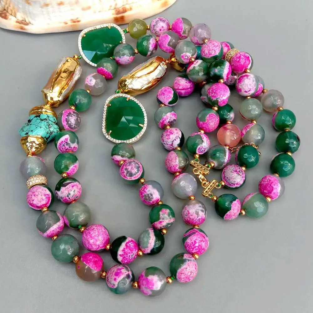 Beaded Necklaces KKGEM 21"-23" 2Strands 12mm fuchsia Green Faceted Agate White Biwa Pearl Crystal Turquoise choker Necklace 231124