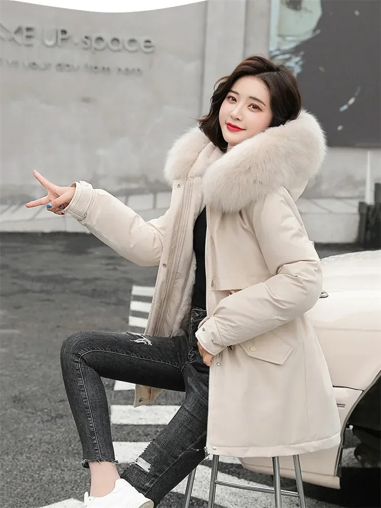 Women's Down Parkas Winter Coat Low Price On Sale Women Beige Add Wool Thick Warmth Fur Hooded Jacket 2023 Fashion Belt Slim Cotton 231123