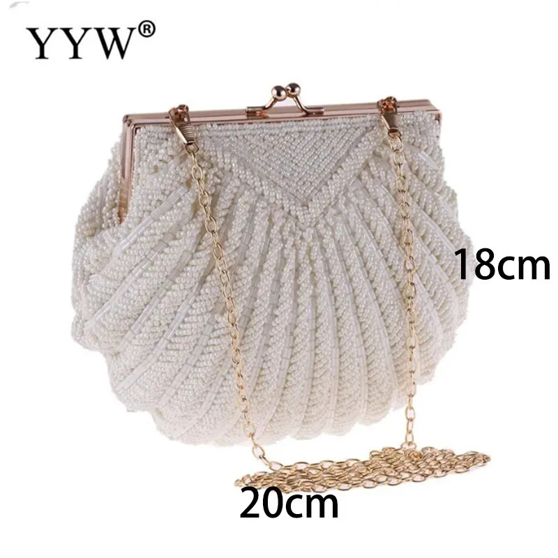 Evening Bags Elegant Pearl Beading White Shell Pochette Women Wedding Purse And Handbag Lady Embroidery Mariage Banquet Clutch Bag 231123