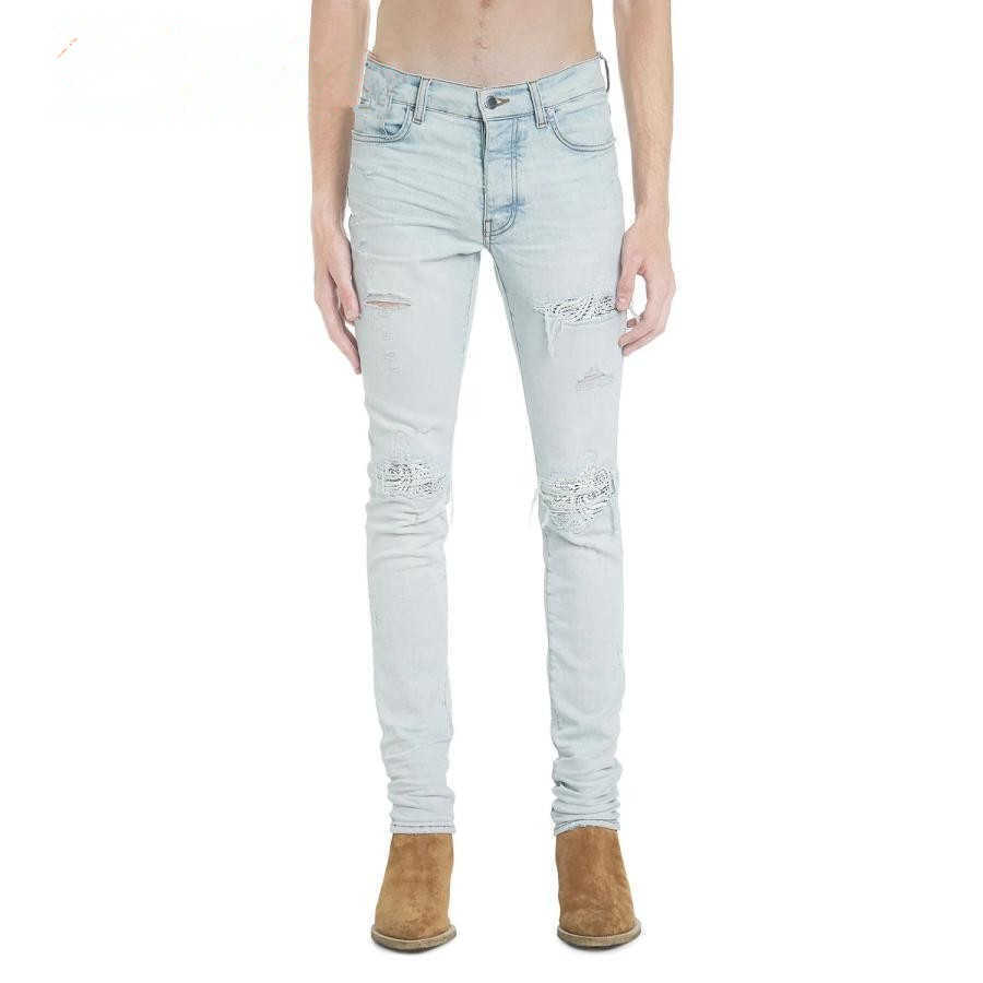 Designer Clothing Luxury Casual Fashion Denim Pants Amiiri Cashew Blossom Patchwork with Broken Holes Decal Patchwork Old Wash Slim Fit Small Feet Slim Men's Jeans, Light blue
Designer Clothing Luxury Casual Fashion Denim Pants Amiiri Cashew Blossom Patchwork with Broken Holes Decal Patchwork Old Wash Slim Fit Small Feet Slim Men's Jeans, Light blue