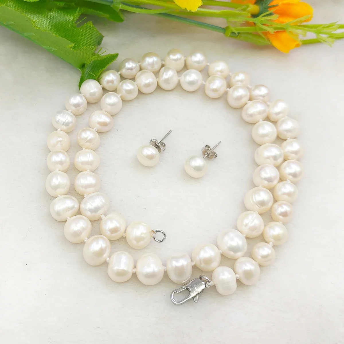 Beaded Necklaces Natural Beads Pretty 8-9mm White Tahiti Pearl Necklace 17''Earrings DIY Jewelry Sets Gifts For Girl Women Wholesale Price 2