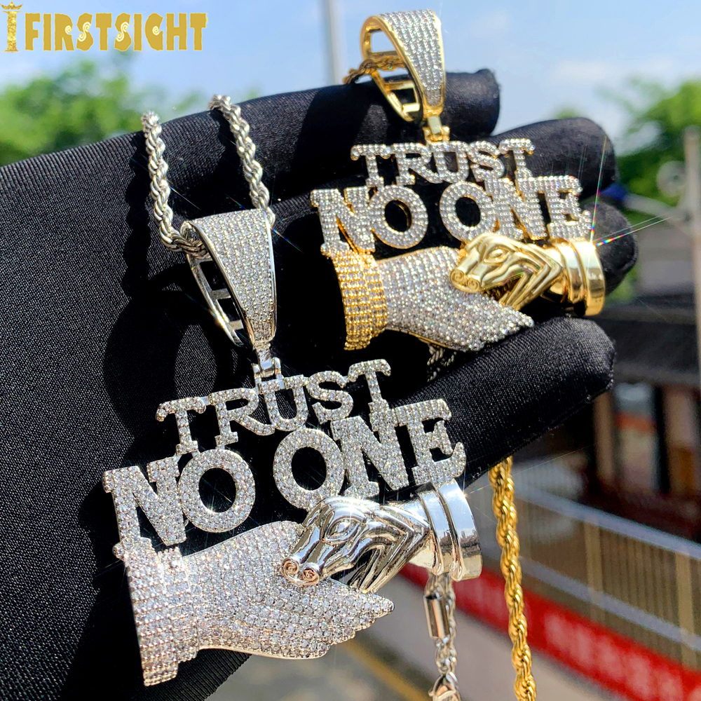 Strands Strings Iced Out Bling Letters Trust No One Pendant Necklaces Two Tone Color CZ Zircon Shake Hand Charm Men Hip Hop Jewelry 230424